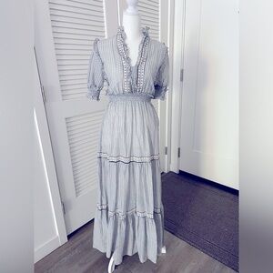 Max Studio Maxi Dress Floral 100% Cotton XS Blue White Empire Waist NWT
